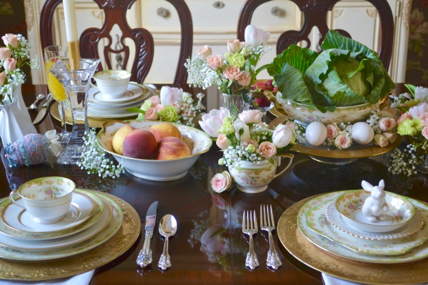 {Fun, Yum & Frills} Beautiful and elegant Easter brunch table design complete with vintage china, berries and huge cabbage centerpiece.